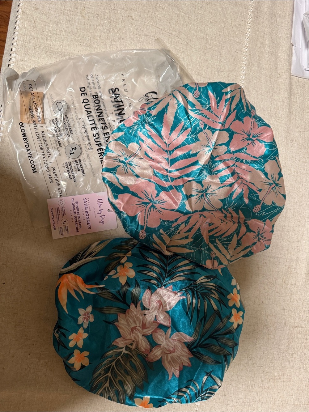 Glow Daye Teal Floral Premium Satin Hair Bonnets - Pack of 2